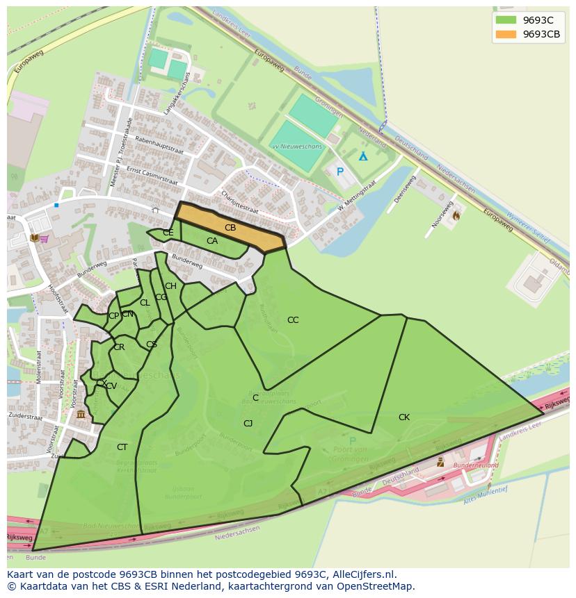 Afbeelding van het postcodegebied 9693 CB op de kaart.