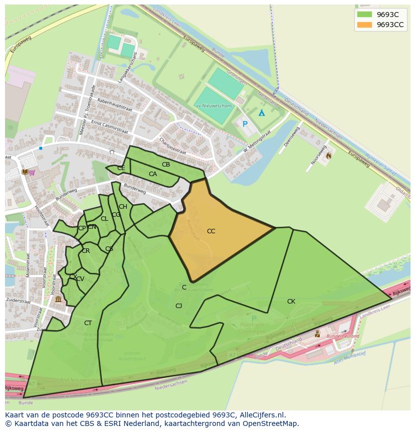 Afbeelding van het postcodegebied 9693 CC op de kaart.