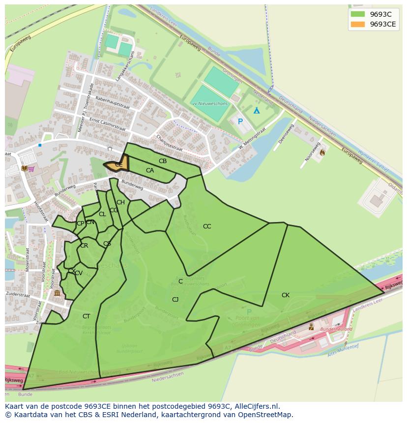 Afbeelding van het postcodegebied 9693 CE op de kaart.