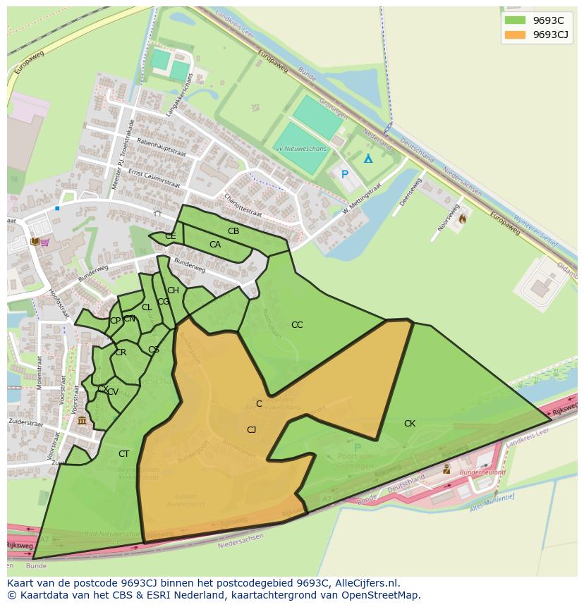 Afbeelding van het postcodegebied 9693 CJ op de kaart.
