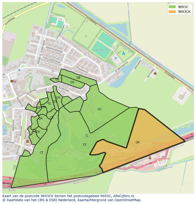 Afbeelding van het postcodegebied 9693 CK op de kaart.