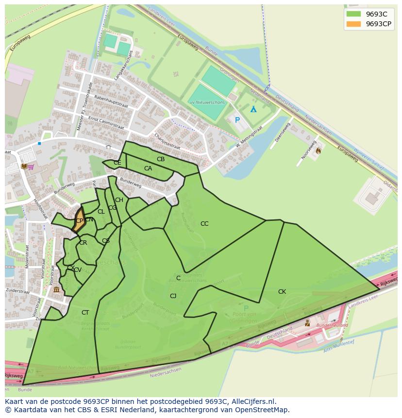 Afbeelding van het postcodegebied 9693 CP op de kaart.