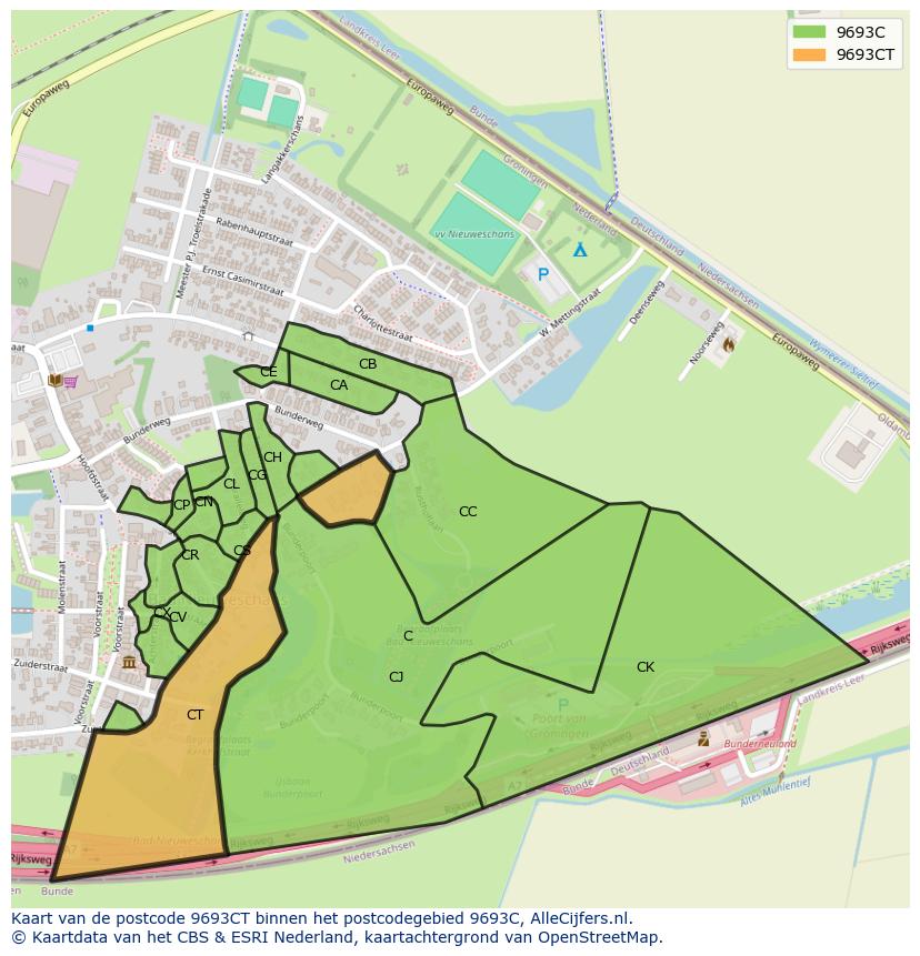 Afbeelding van het postcodegebied 9693 CT op de kaart.