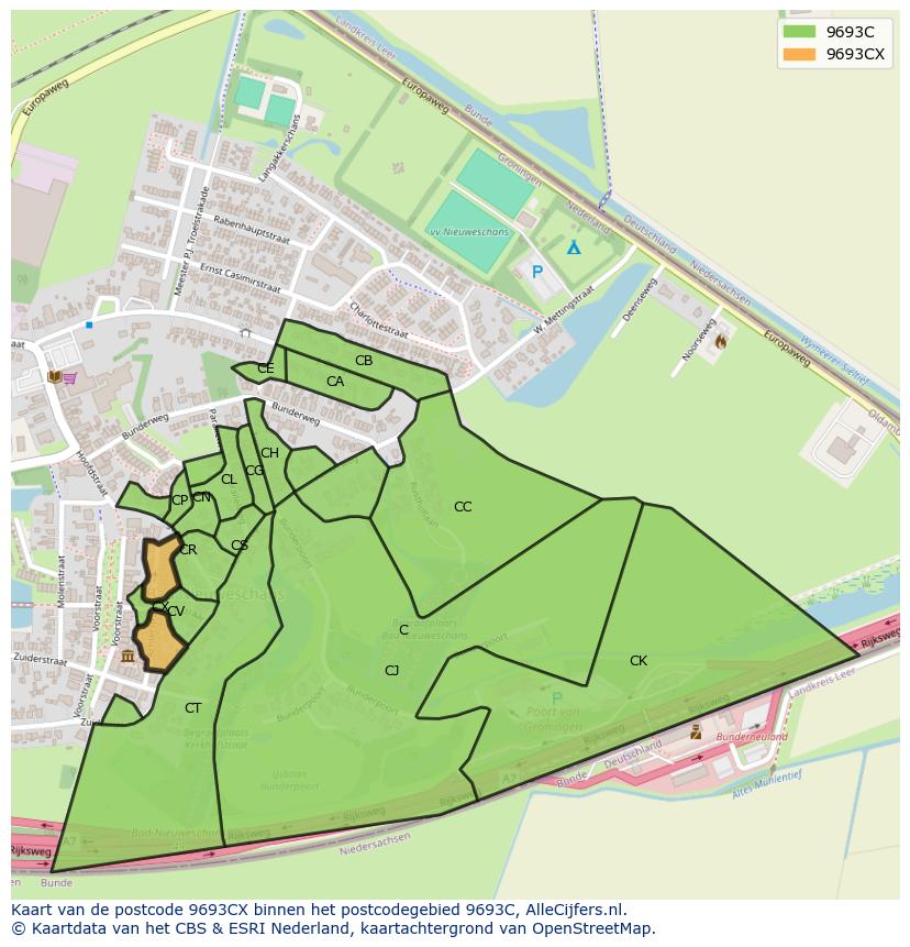 Afbeelding van het postcodegebied 9693 CX op de kaart.