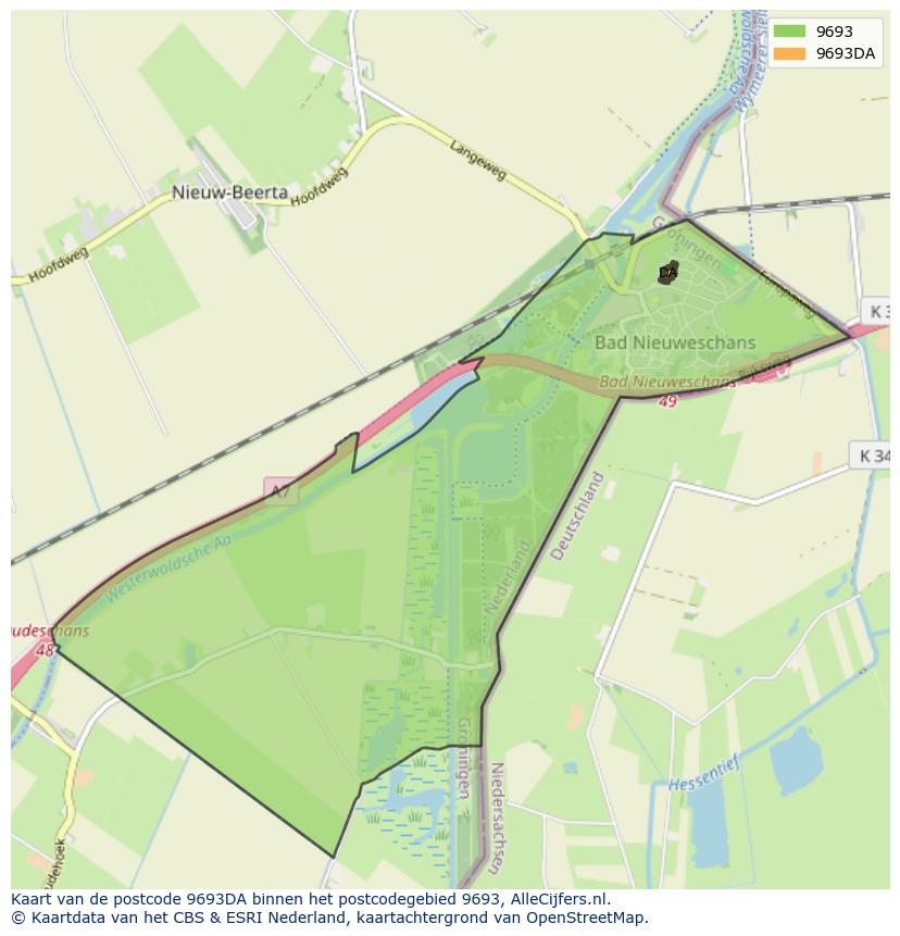 Afbeelding van het postcodegebied 9693 DA op de kaart.