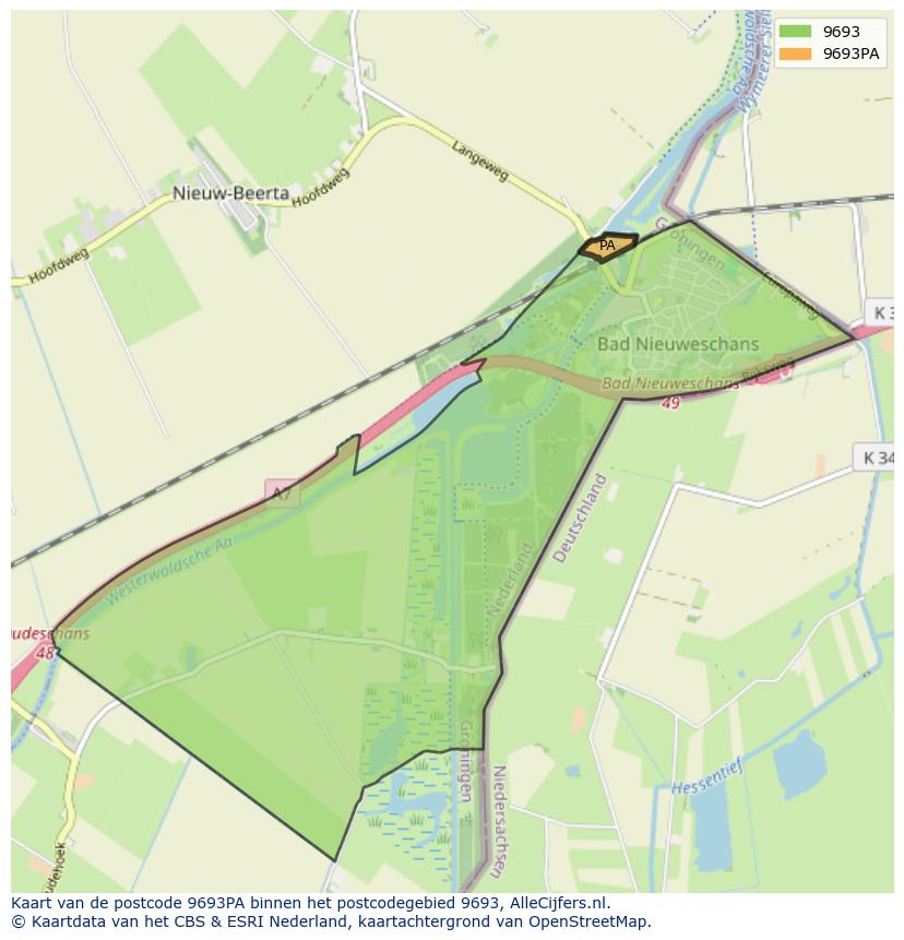 Afbeelding van het postcodegebied 9693 PA op de kaart.
