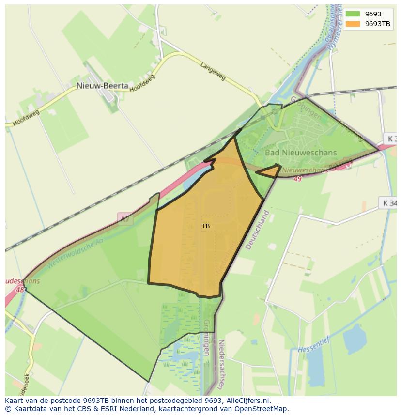 Afbeelding van het postcodegebied 9693 TB op de kaart.