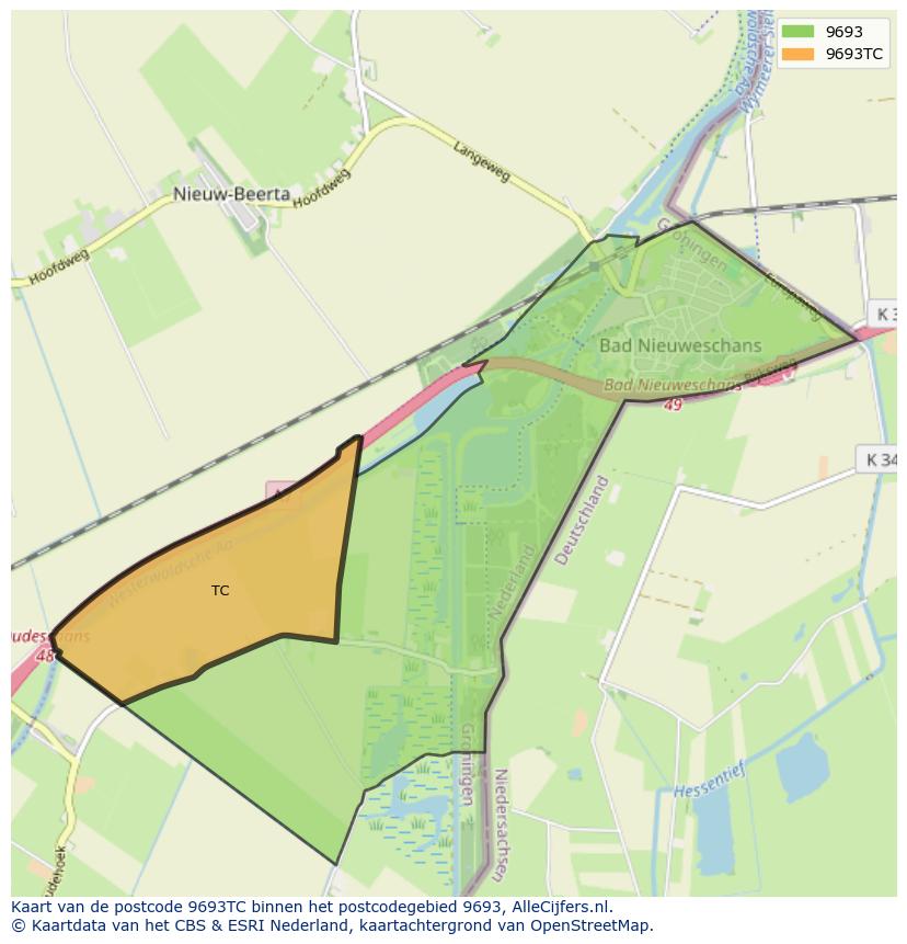 Afbeelding van het postcodegebied 9693 TC op de kaart.