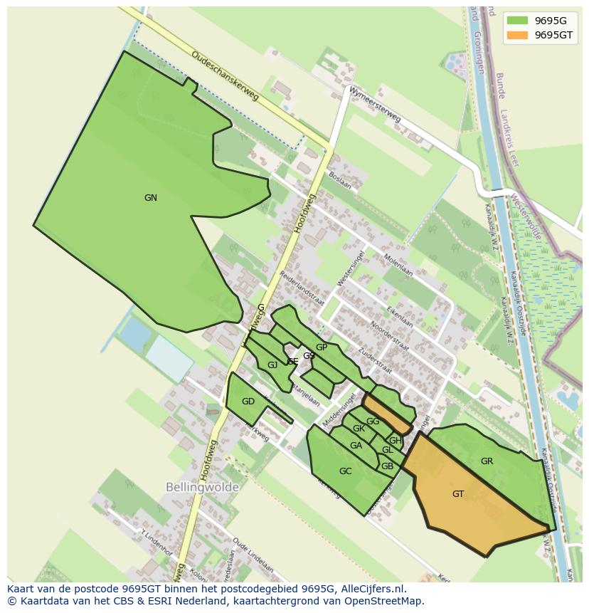 Afbeelding van het postcodegebied 9695 GT op de kaart.