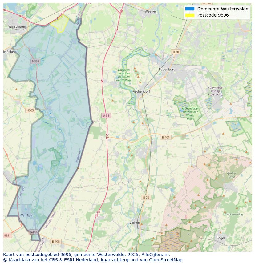 Afbeelding van het postcodegebied 9696 op de kaart.