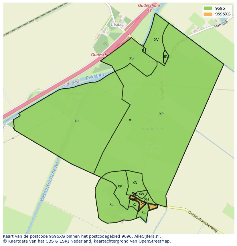 Afbeelding van het postcodegebied 9696 XG op de kaart.