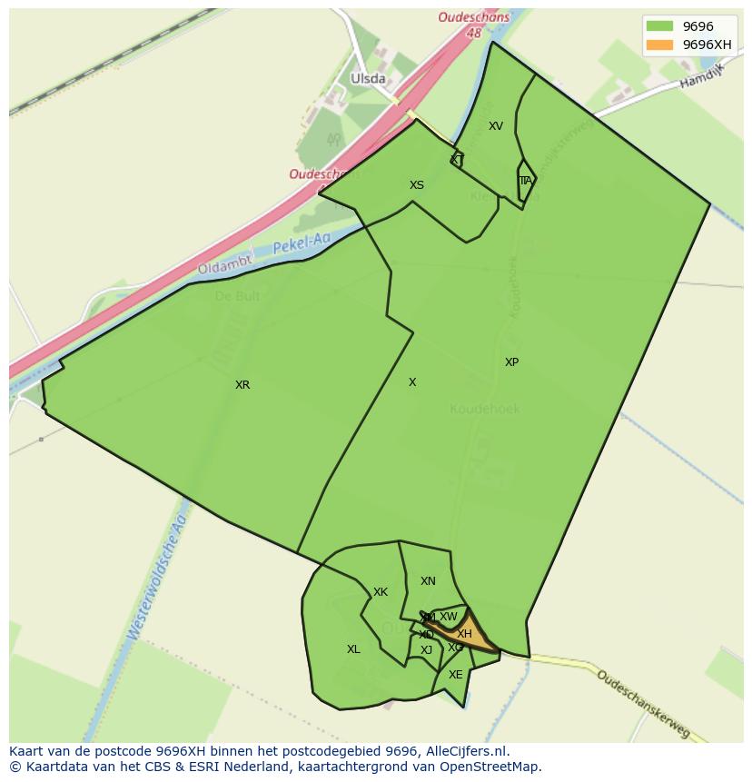 Afbeelding van het postcodegebied 9696 XH op de kaart.