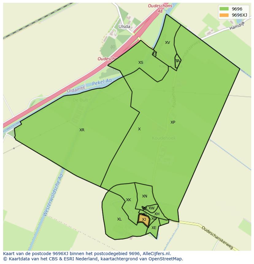 Afbeelding van het postcodegebied 9696 XJ op de kaart.