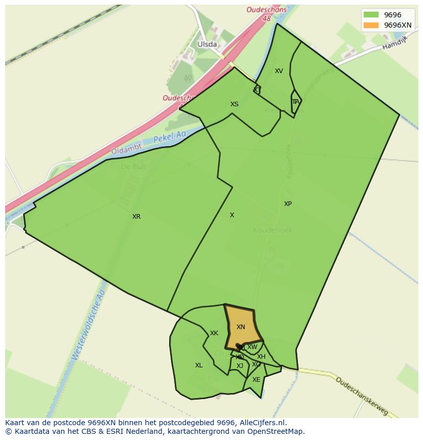 Afbeelding van het postcodegebied 9696 XN op de kaart.