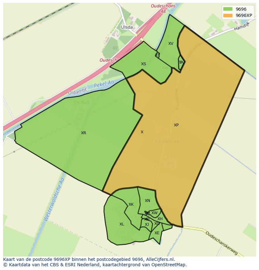 Afbeelding van het postcodegebied 9696 XP op de kaart.