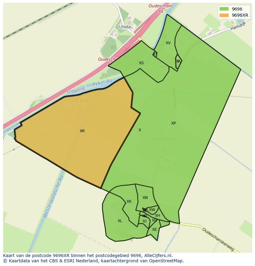 Afbeelding van het postcodegebied 9696 XR op de kaart.