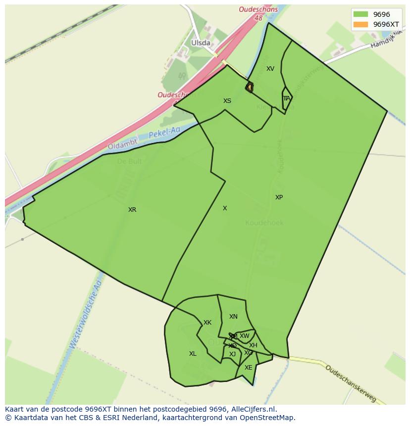 Afbeelding van het postcodegebied 9696 XT op de kaart.
