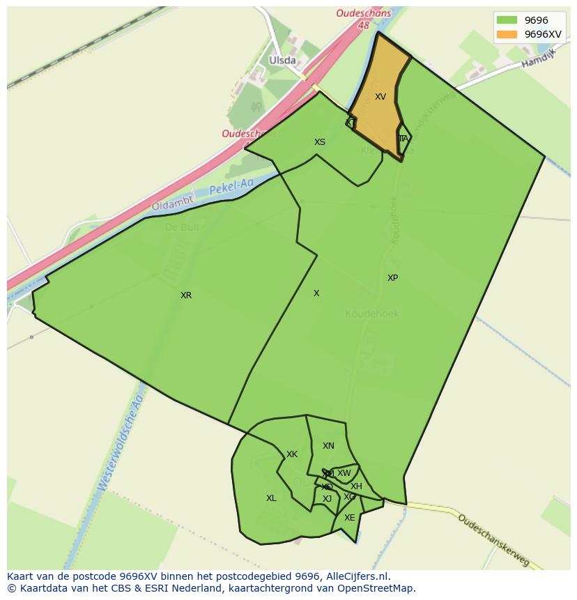 Afbeelding van het postcodegebied 9696 XV op de kaart.