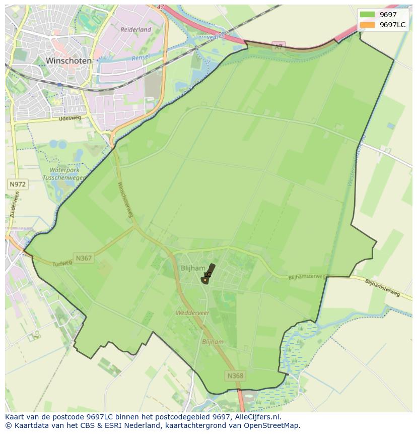 Afbeelding van het postcodegebied 9697 LC op de kaart.