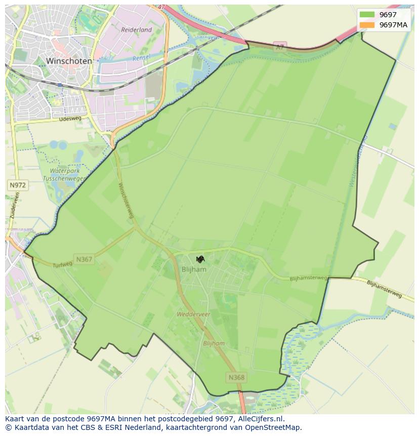 Afbeelding van het postcodegebied 9697 MA op de kaart.