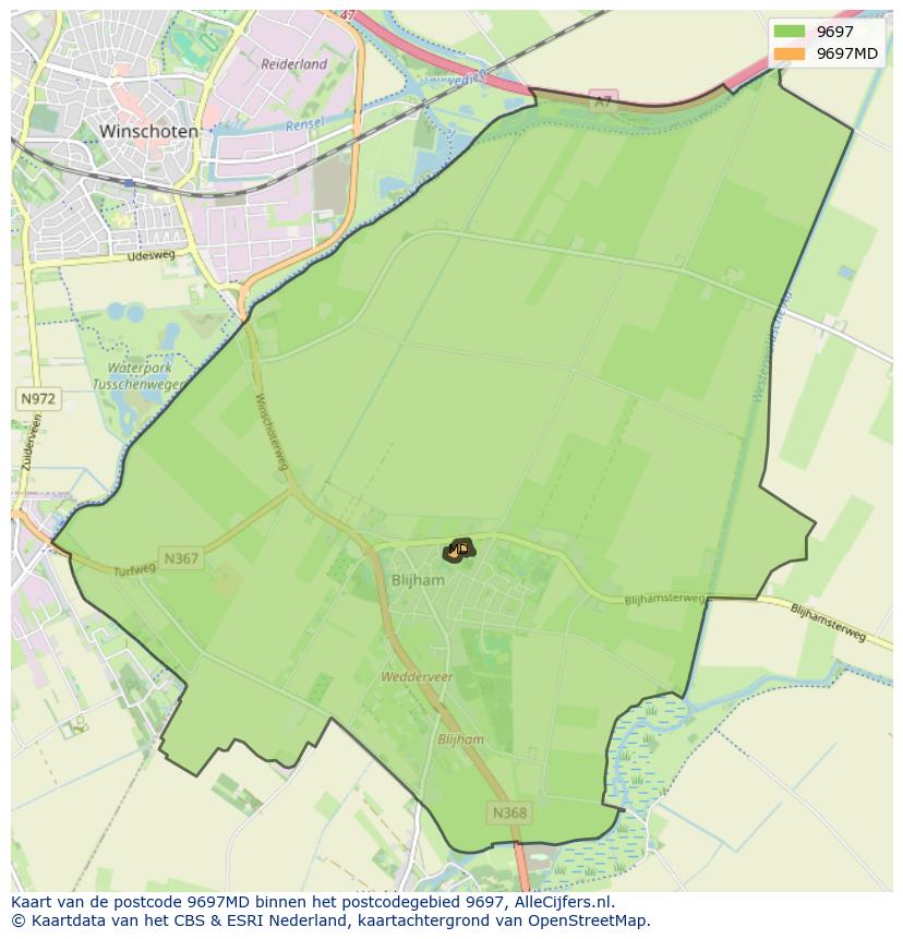 Afbeelding van het postcodegebied 9697 MD op de kaart.