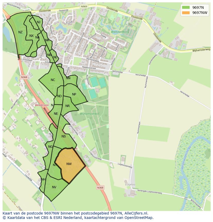 Afbeelding van het postcodegebied 9697 NW op de kaart.