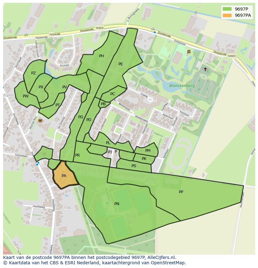 Afbeelding van het postcodegebied 9697 PA op de kaart.