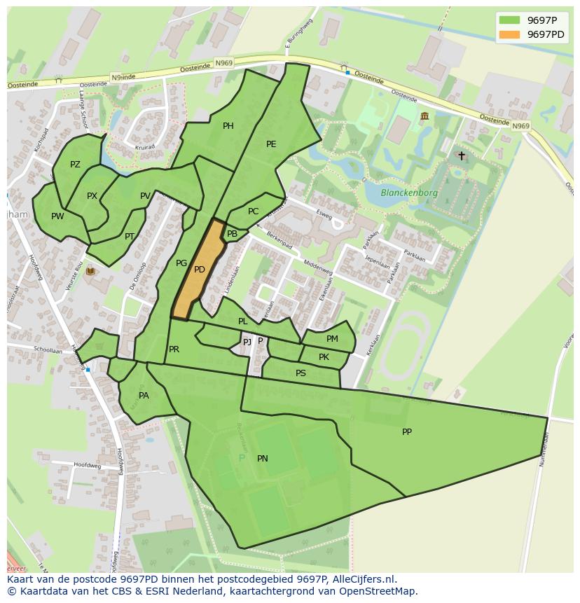 Afbeelding van het postcodegebied 9697 PD op de kaart.
