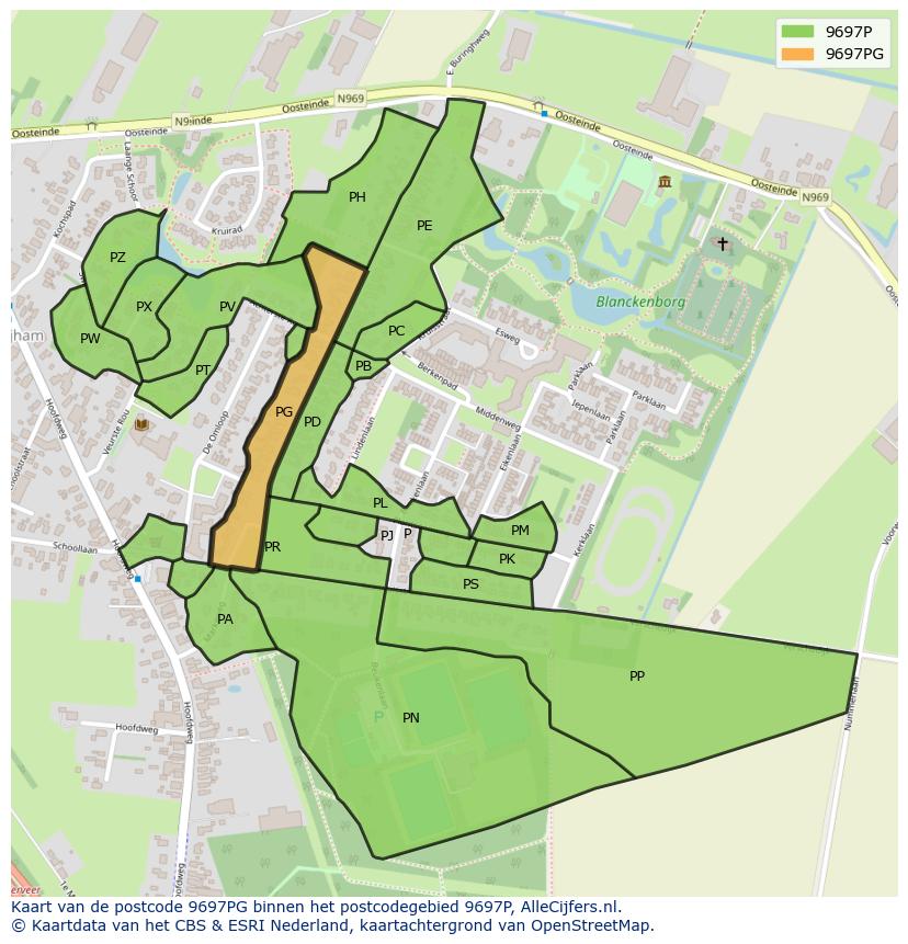 Afbeelding van het postcodegebied 9697 PG op de kaart.