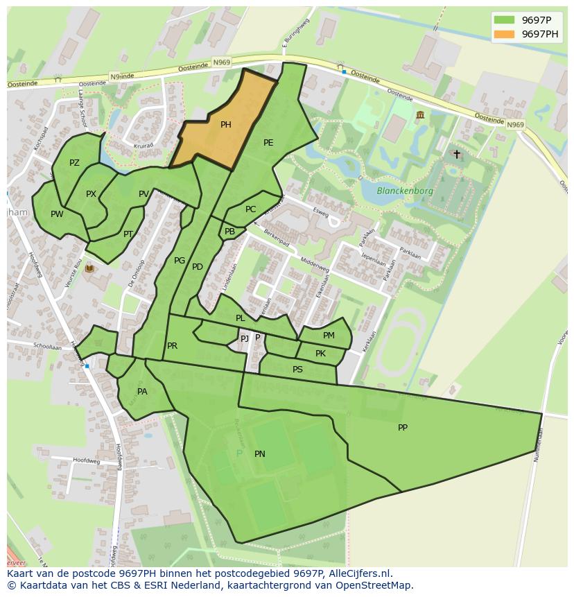 Afbeelding van het postcodegebied 9697 PH op de kaart.