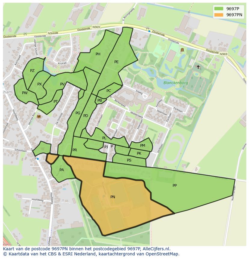 Afbeelding van het postcodegebied 9697 PN op de kaart.