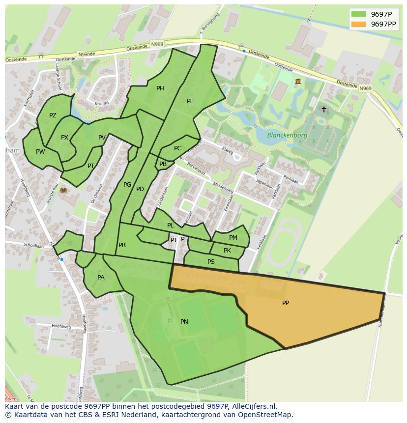 Afbeelding van het postcodegebied 9697 PP op de kaart.