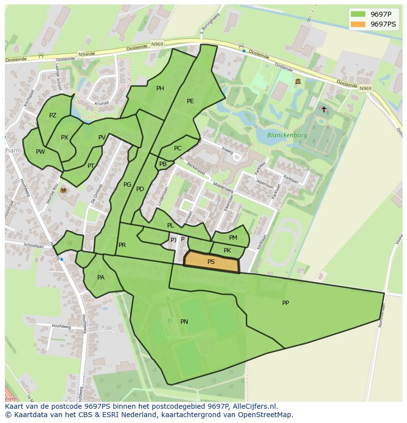 Afbeelding van het postcodegebied 9697 PS op de kaart.