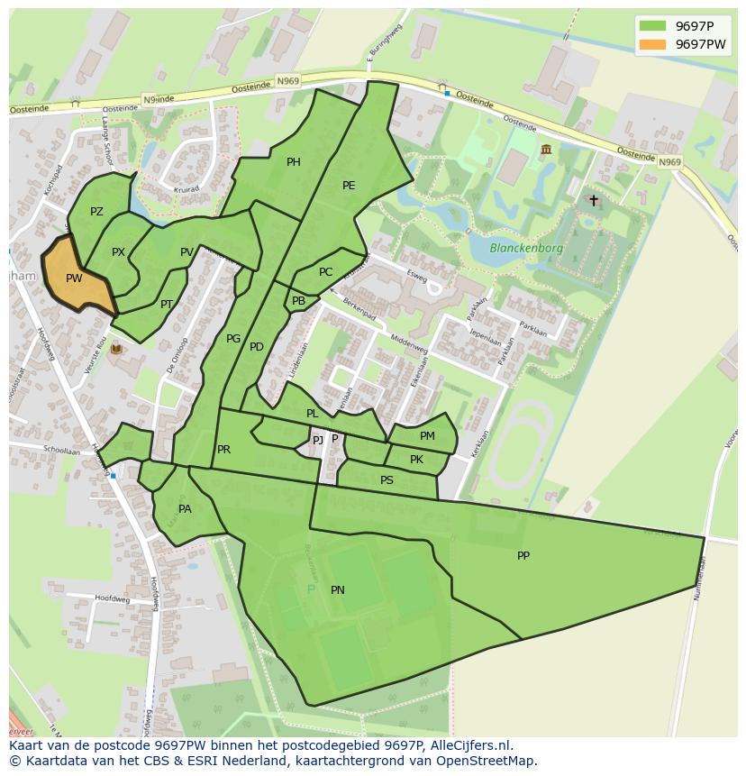 Afbeelding van het postcodegebied 9697 PW op de kaart.