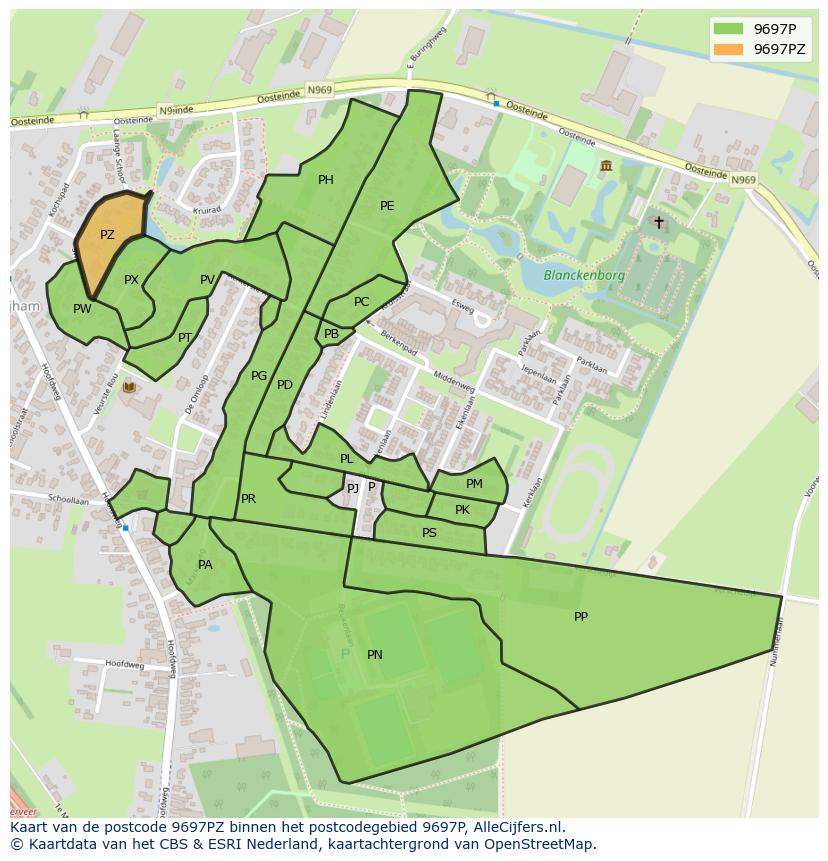 Afbeelding van het postcodegebied 9697 PZ op de kaart.