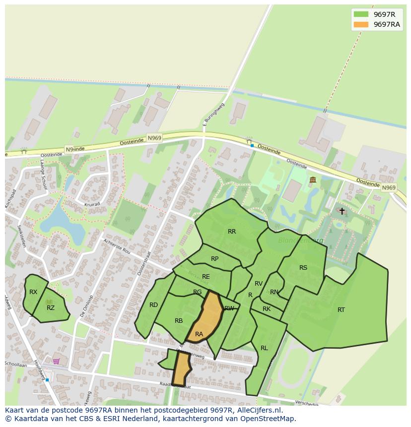 Afbeelding van het postcodegebied 9697 RA op de kaart.