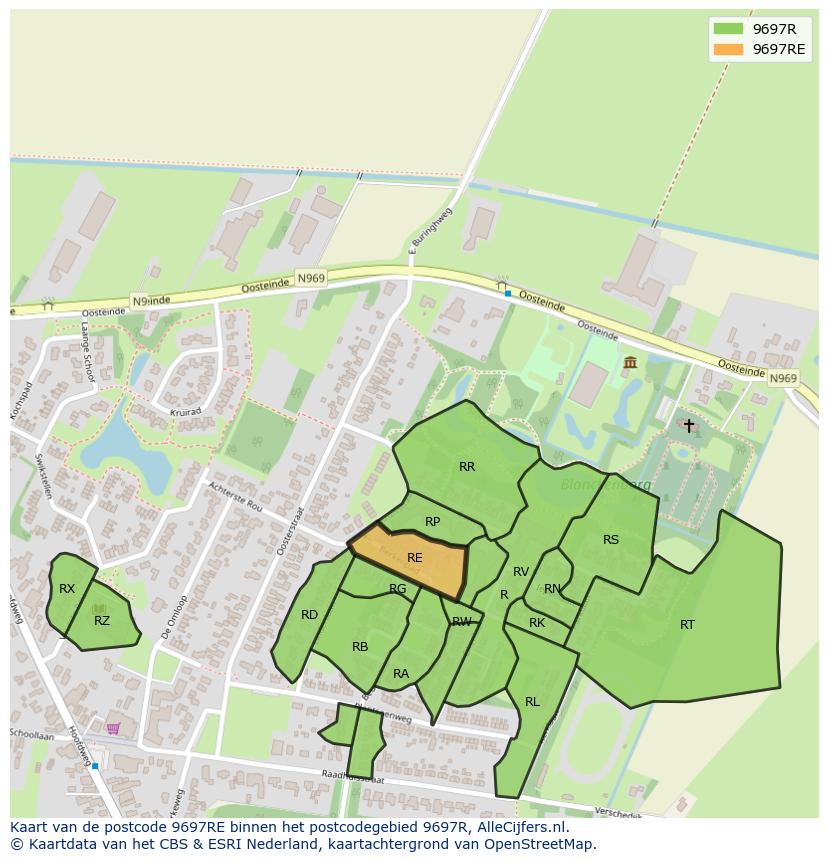 Afbeelding van het postcodegebied 9697 RE op de kaart.