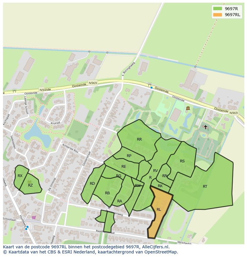 Afbeelding van het postcodegebied 9697 RL op de kaart.