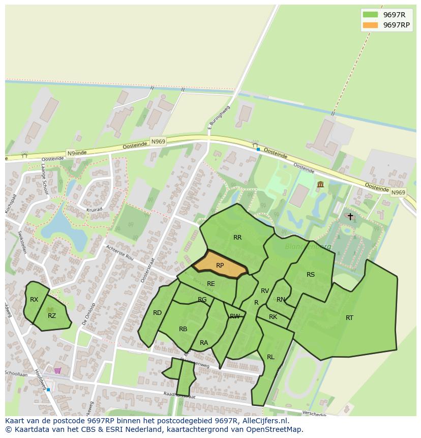 Afbeelding van het postcodegebied 9697 RP op de kaart.