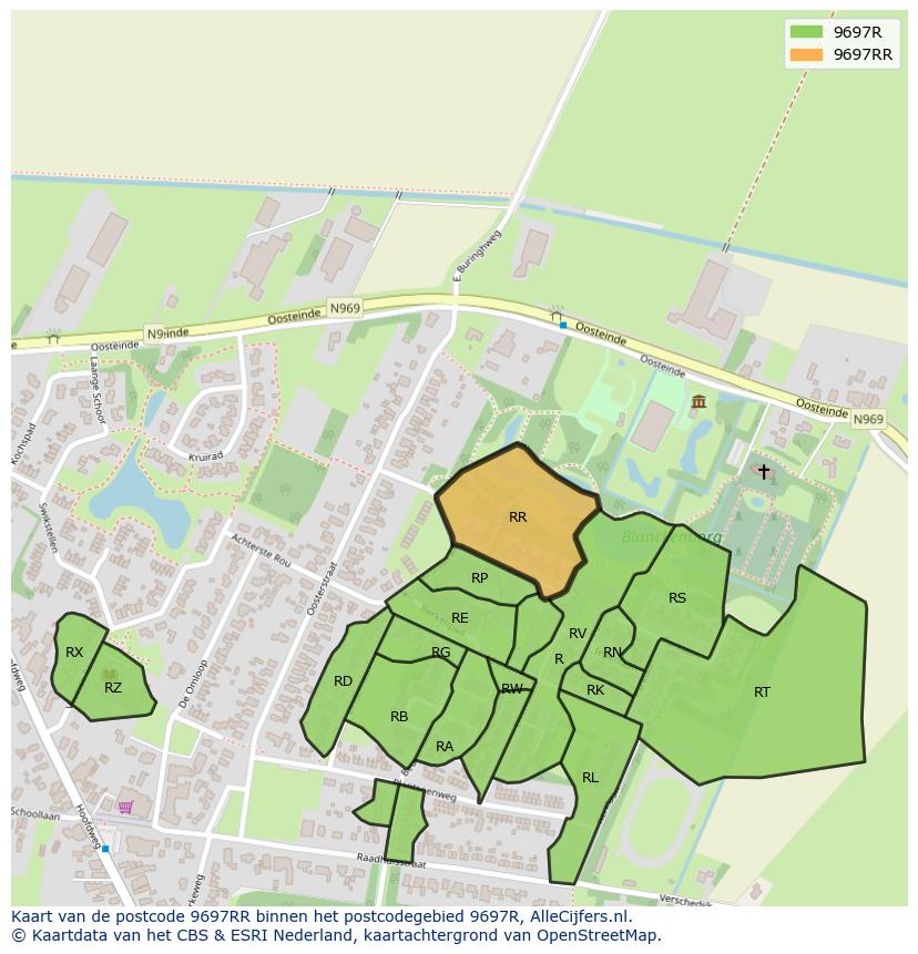 Afbeelding van het postcodegebied 9697 RR op de kaart.