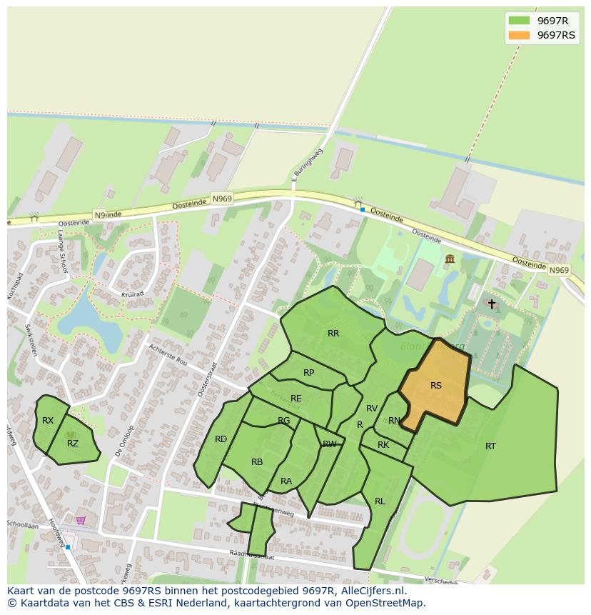 Afbeelding van het postcodegebied 9697 RS op de kaart.
