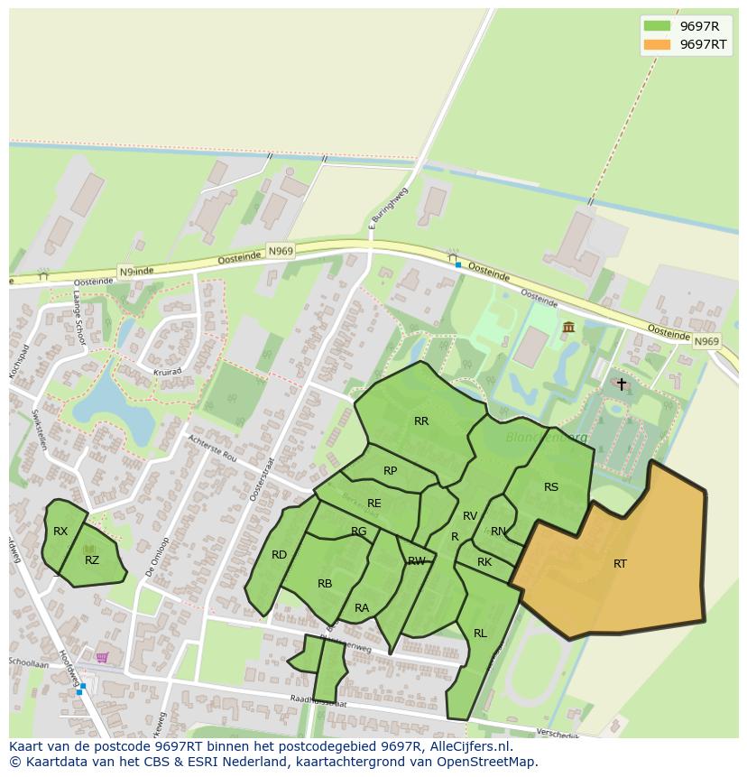 Afbeelding van het postcodegebied 9697 RT op de kaart.