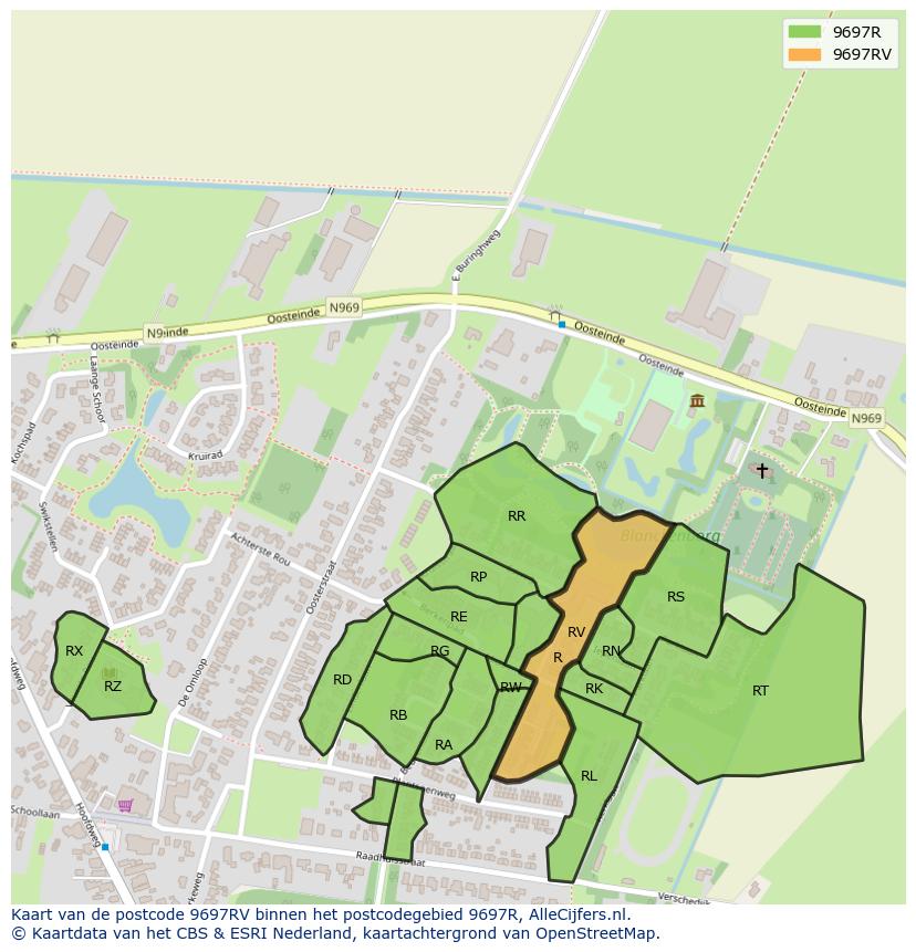 Afbeelding van het postcodegebied 9697 RV op de kaart.