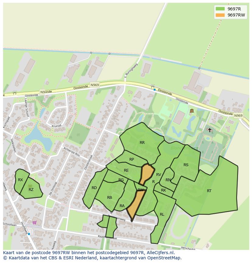 Afbeelding van het postcodegebied 9697 RW op de kaart.