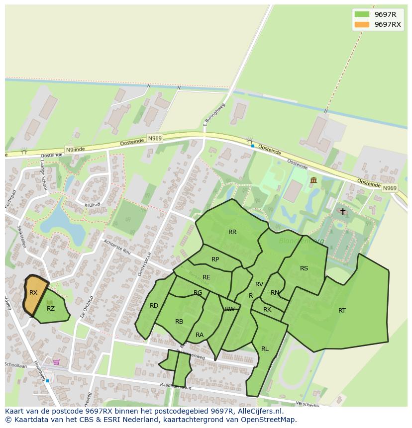 Afbeelding van het postcodegebied 9697 RX op de kaart.