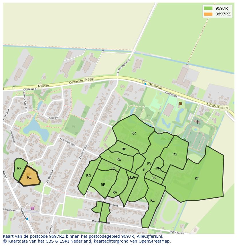 Afbeelding van het postcodegebied 9697 RZ op de kaart.