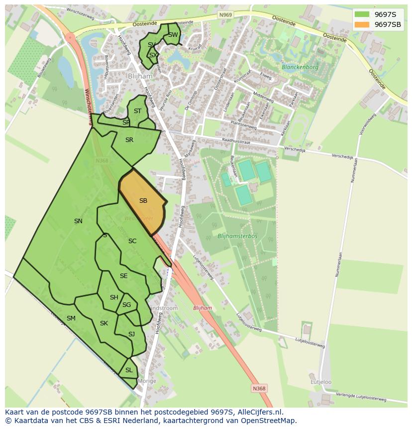 Afbeelding van het postcodegebied 9697 SB op de kaart.
