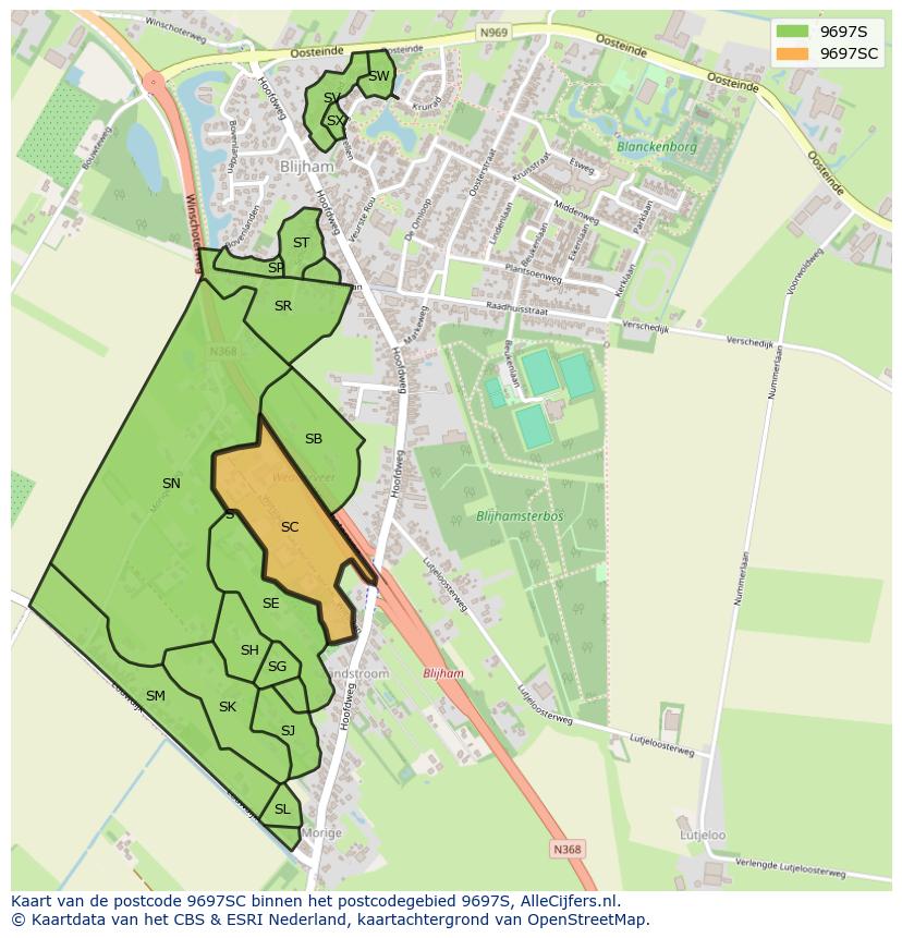 Afbeelding van het postcodegebied 9697 SC op de kaart.