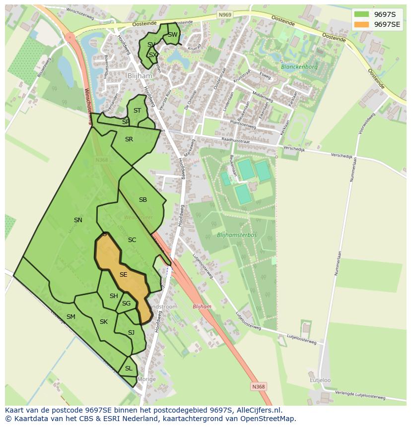 Afbeelding van het postcodegebied 9697 SE op de kaart.