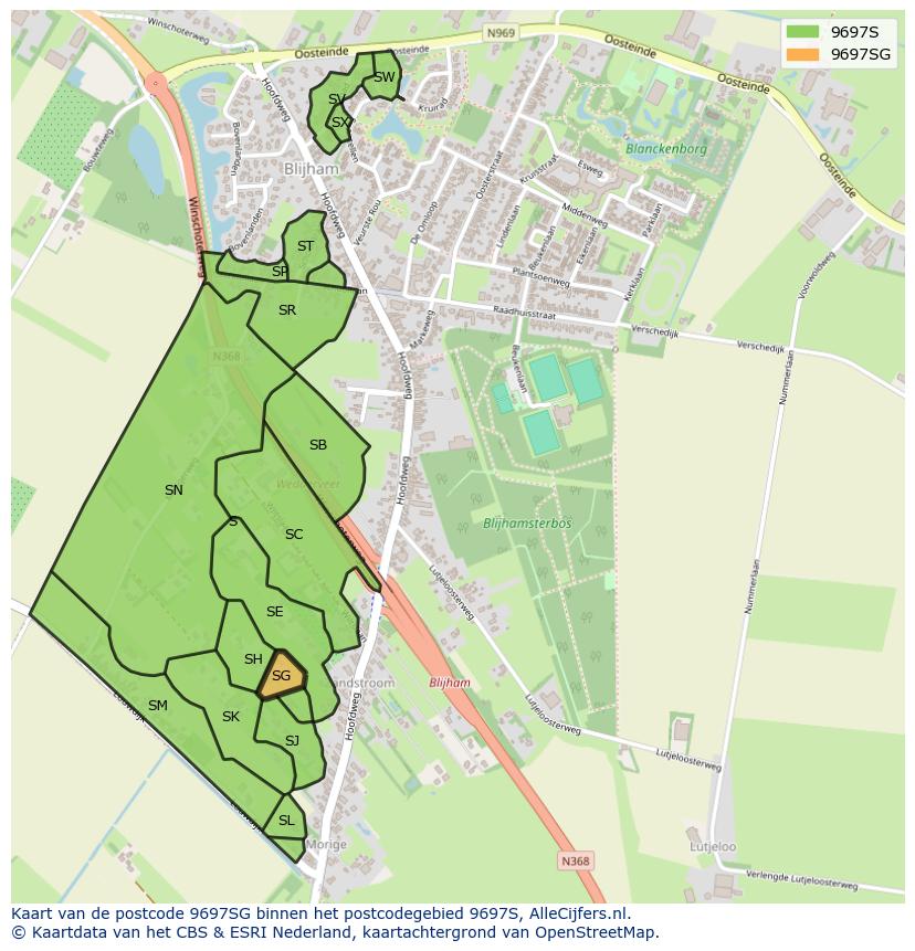 Afbeelding van het postcodegebied 9697 SG op de kaart.